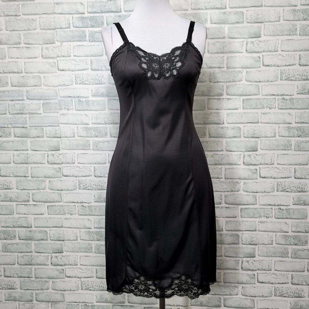 Vintage WONDER MAID 36 Non Cling Nylon Black Full Slip Dress Lace Union Label